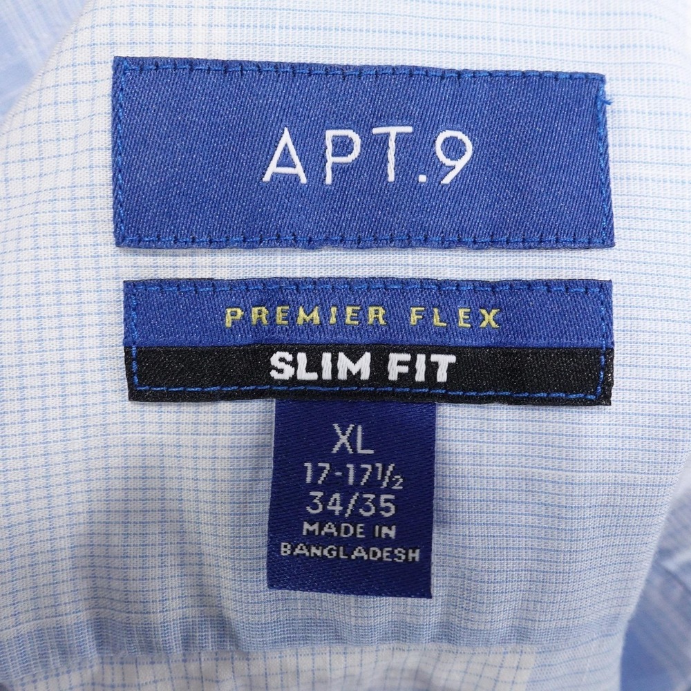 APT 9 Shirt Mens XL 17-17.5 34/35 Blue Plaid Button-Up Slim Fit Premier Flex - Picture 6 of 8